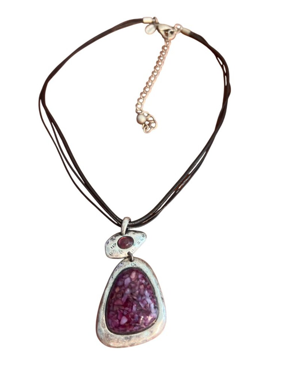 Chicos Multi-Strand Black Leather Necklace Purple Stone Pendant Silver Tone Adj
